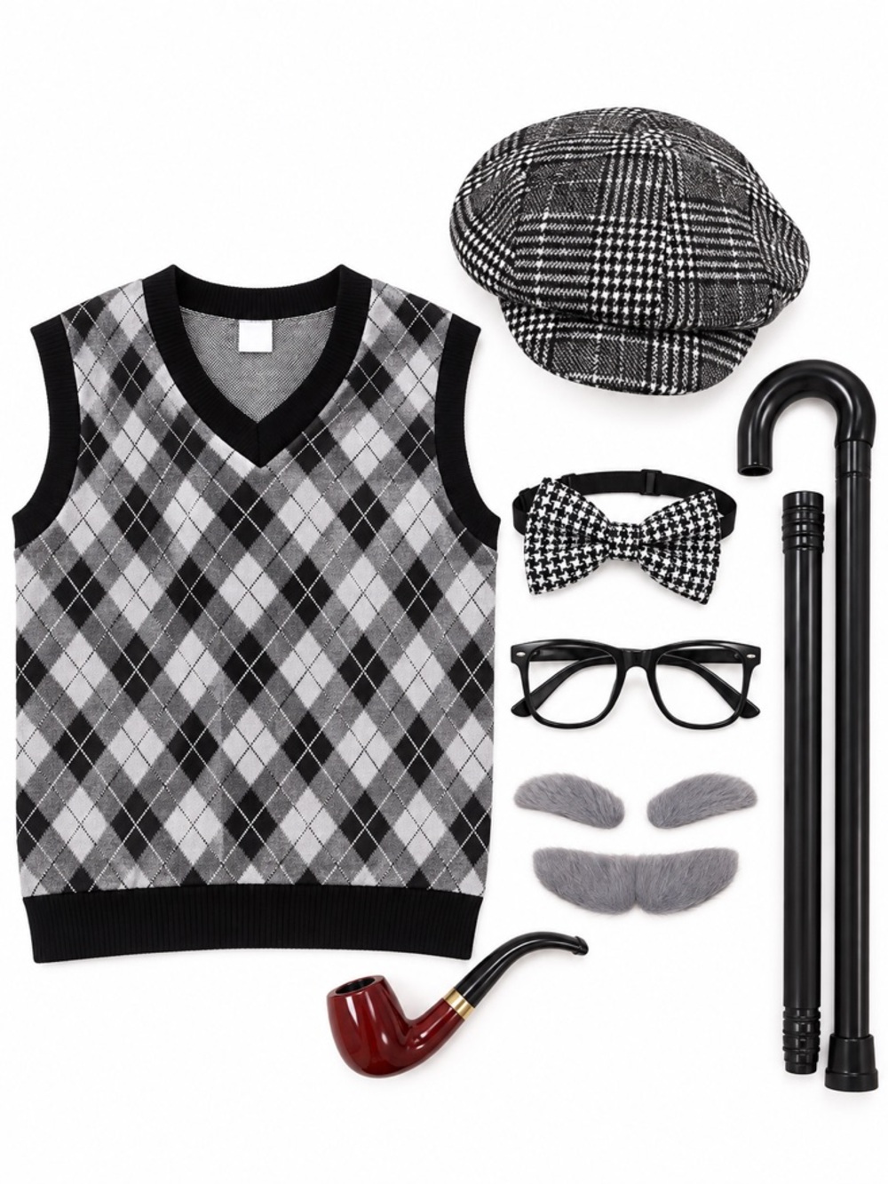 New - Kids Old Man Grandpa Costume with Vest, Hat, Cane, & Glasses | Size M